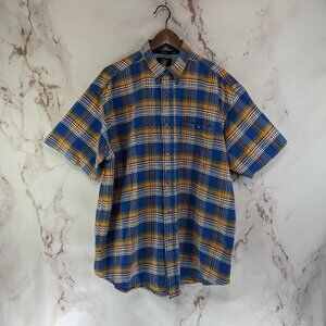 Wrangler Shirt Mens XL Blue Yellow Button Down Plaid Twenty X 20X Short Sleeve